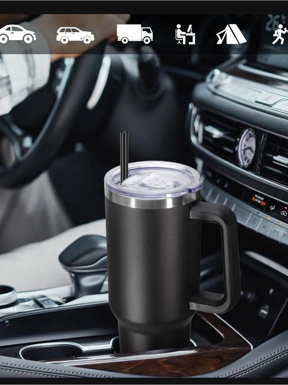 Insulated Black Travel Mug with Handle and Clear Lid
